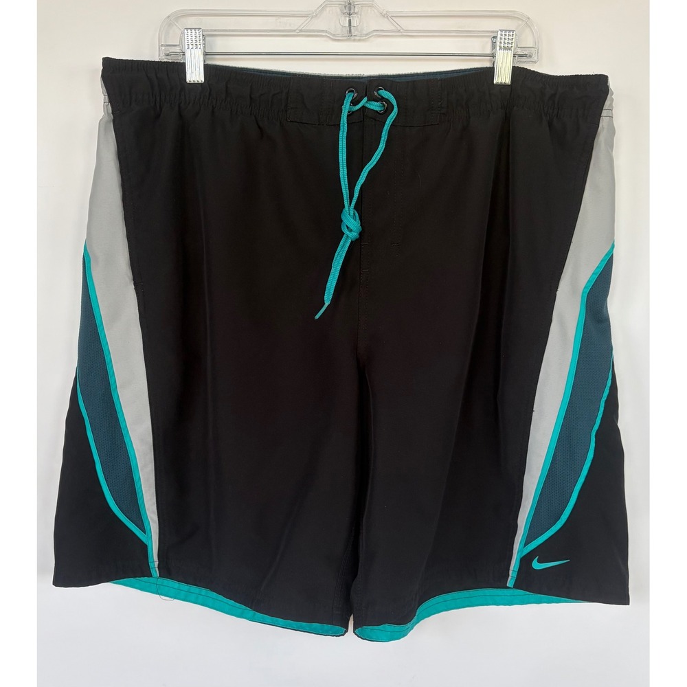 Nike Mens Swim Trunks Black Grey Teal Board Shorts Mesh Lined Size Small